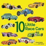 Cover of '10 Little Race Cars' book with colorful race cars on a yellow background