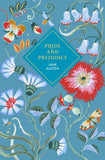 Book cover of 'Pride and Prejudice' by Jane Austen with floral design on a blue background