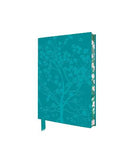 A hardcover notebook with a teal cover featuring a subtle embossed tree design, a matching teal ribbon bookmark, and a floral patterned spine, shown on a plain white background.
