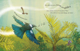 A children's book illustration page featuring a blue and black tui diving through green and yellow tropical foliage, with a small brown bird above and printed text on a light teal background.