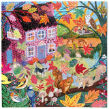 Colorful jigsaw with a house, animals, and autumn leaves