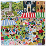 Colorful jigsaw with a market scene featuring people, stalls, and buildings.