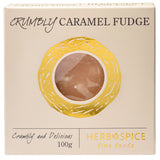 Box of crumbly caramel fudge with 'Herb & Spice' branding on a beige background