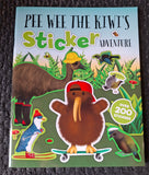 Book cover of 'Pee Wee the Kiwi's Sticker Adventure' with a kiwi character on a skateboard and other animals.