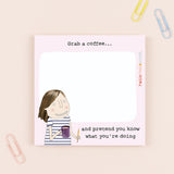 Note card with illustration of a person holding a coffee cup and text on a pink background