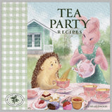 Cover of the 'Tea Party Recipes' book featuring illustrations of a hedgehog and a rabbit enjoying tea time in a garden setting.