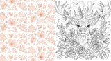 A split design showing a repeating pattern of orange line-drawn leaves on the left and a black-and-white line-art deer surrounded by flowers on the right, likely a coloring-page or print design.