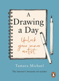 Book cover of 'A Drawing a Day' by Tamara Michael with a notebook and pen on a blue background.