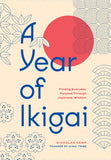 Book cover of 'A Year of Ikigai' with decorative patterns and a red circle on a beige background.