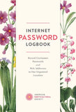 Password logbook cover with floral design and text about record usernames and passwords.