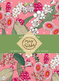 May Gibbs All Wrapped Up wrapping paper and gift sticker set, featuring a pink background with a whimsical floral and character pattern, a green central banner, and the May Gibbs logo.