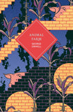 Book cover of 'Animal Farm' by George Orwell with a stylized illustration of animals and a brick wall.