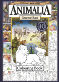 Front cover of the Penguin Activity Book 'Animalia: Graeme Base Colouring Book', featuring a central animal illustration area with a lion in the foreground, surrounded by smaller animal panels and black-and-white line art on the sides.