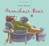 Book cover of 'Armchair Bear' by Gavin Bishop with a bear and cat in an armchair on a light blue background.