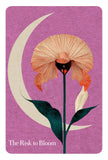 Floral design with a crescent moon on a purple background, featuring the text 'The Risk to Bloom'.