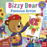 Book cover of 'Bizzy Bear Famous Artist' with a bear painting and art supplies.