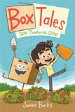 Book cover of 'Box Tales: Grow Strawberries, Grow!' with a child and cardboard box character in a garden.