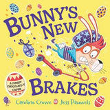 Book cover of 'Bunny's New Brakes' with a cartoon bunny on a scooter against a yellow background.