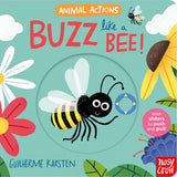 Children's book cover titled 'Buzz Like a Bee' with a bee illustration and floral elements.
