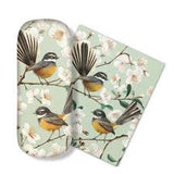 Set of glasses case and lens cloth with a fantail design on a light green background