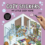 Cozy Stickers packaging with a hand holding a sticker and a colorful home illustration on a pink background.