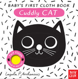 Book cover of 'Cuddly Cat' with a black cat illustration and text about felt flaps and a mirror.