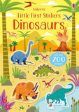 Cover of the 'Usborne Little First Stickers: Dinosaurs' book, featuring colorful illustrations of various dinosaurs in a prehistoric landscape, with the title and author's name mentioned.