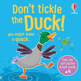 Book cover of 'Don't Tickle the Duck!' with a duck and frog illustration on a blue background.