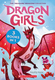 Book cover of 'Dragon Girls' with a red dragon and pink cat on a blue background
