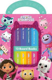 Set of 12 board books with colorful covers and a handle, featuring characters from Gabby's Dollhouse.