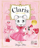 Cover of the book 'Dress Up Claris!' featuring a cartoon illustration of a pink mouse in a room with fashion-related items, such as a dress, shoes, and accessories, indicating a theme of fashion and design.