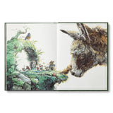 Illustration of a donkey looking at a scene with small characters on a cliff.