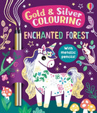 Coloring book cover with a unicorn, metallic pencils, and 'Gold & Silver Colouring' text on a purple background.