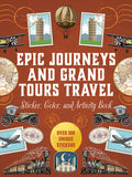 Travel-themed sticker, color, and activity book cover with vintage transportation images on a brown background.