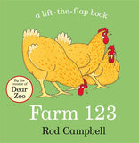 Book cover of 'Farm 123' by Rod Campbell featuring cartoon chickens on a green background.