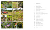 Garden-themed book or magazine layout with images of gardens and a list on the right side.