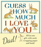 Book cover of 'Guess How Much I Love You Dad!' with rabbits and text.