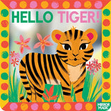 Book cover of 'Hello Tiger!' with a tiger illustration and colorful border.