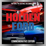 Book cover of 'Holden Vs Ford Commemorative Edition' featuring a graphic of a red Holden car and a blue Ford car with title text overlay.