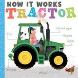 Children's book cover titled 'How It Works Tractor' with illustrations of a tractor and labels.