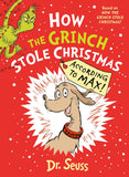 Book cover of 'How the Grinch Stole Christmas According to Max!' by Dr. Seuss with a red background and cartoon dog character.