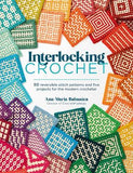 Book cover of 'Interlocking Crochet' with colorful crochet patterns and author's name.