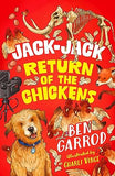 Book cover of 'Jack-Jack: Return of the Chickens' with a dog, chickens, and skeleton on a red background.