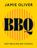 Book cover of 'BBQ' by Jamie Oliver with yellow background and red lines.