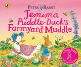 Book cover of 'Jemima Puddle-Duck's Farmyard Muddle' featuring Peter Rabbit and Jemima Puddle-Duck.