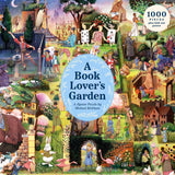 Jigsaw puzzle box titled 'A Book Lover's Garden' by Michael Kirkham with colorful illustrations of a garden scene.