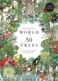 Jigsaw puzzle box with a colorful illustration of trees and nature, featuring the text 'Around the World in 50 Trees'.