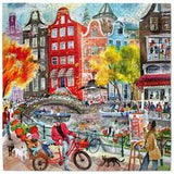 Colorful illustration of a canal scene with people, bicycles, and buildings.