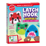 Klutz Latch Hook Animals craft kit packaging with red panda, frog, and shark designs.
