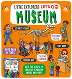 Front cover of a children's activity book titled 'Little Explorers Let's Go Museum' on a bright orange background, featuring cartoon illustrations of museum scenes and text prompts.